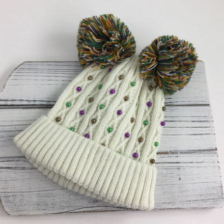 SongLily Pom Pom Mardi Gras Pearl Beanie {Ivory}