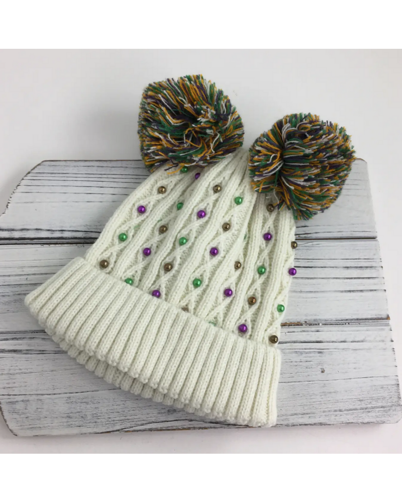 SongLily Pom Pom Mardi Gras Pearl Beanie {Ivory}