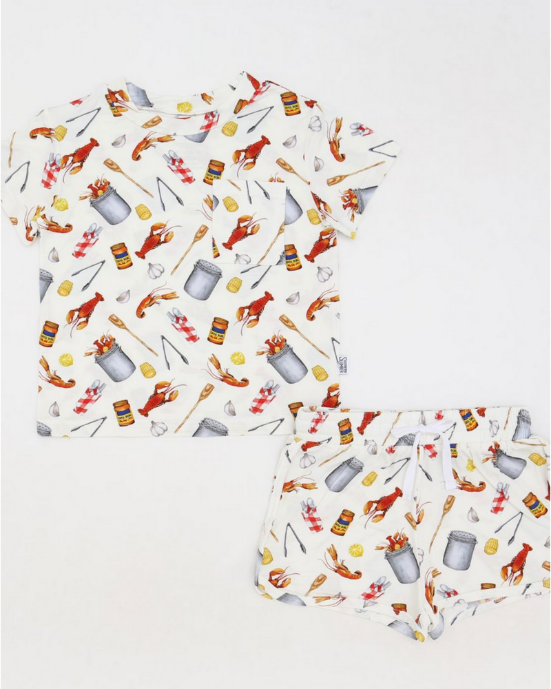 Southern Slumber Crawfish Boil Bamboo Short Set {Wht/Red/Ywl}