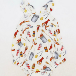 Southern Slumber Crawfish Boil Bamboo Ruffle Romper w/ Snaps {Wht/Red/Ywl}