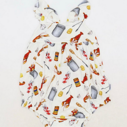Southern Slumber Crawfish Boil Bamboo Ruffle Romper w/ Snaps {Wht/Red/Ywl}