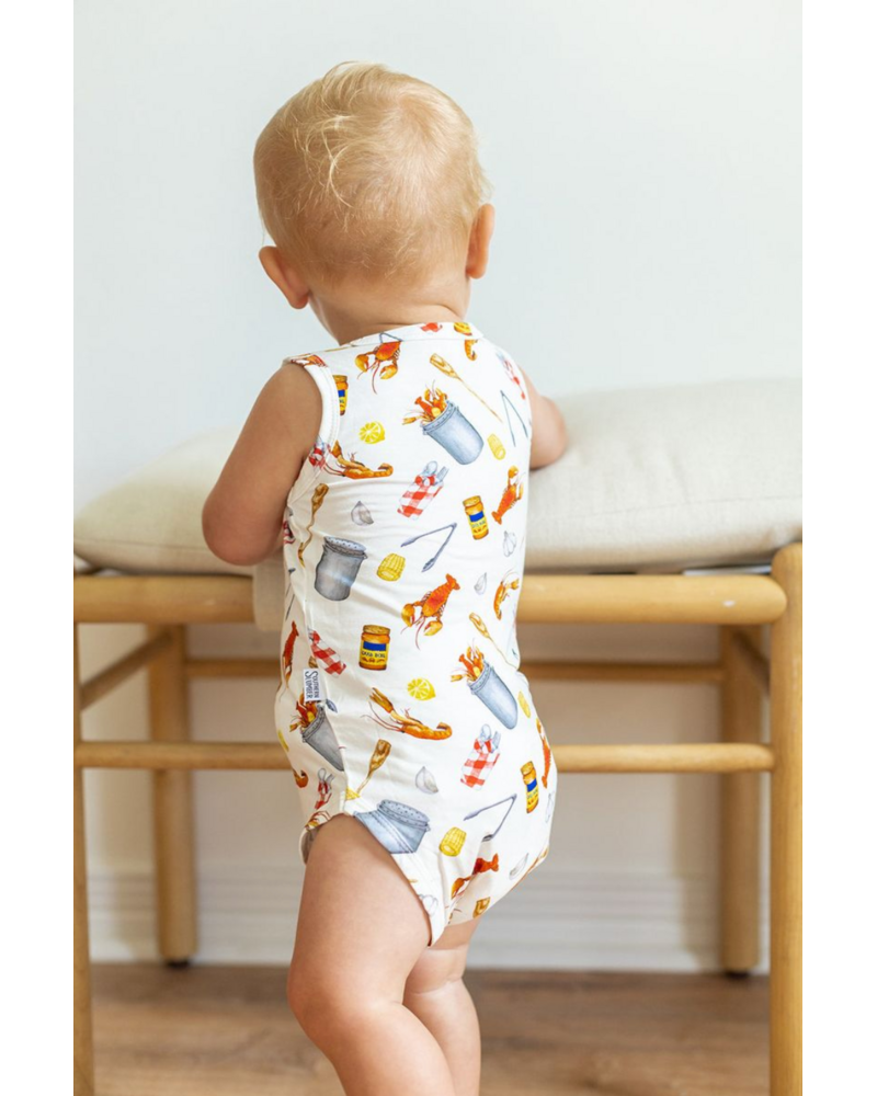 Southern Slumber Crawfish Boil Bamboo Henley Onesie w/ Snaps {Wht/Red/Ywl}