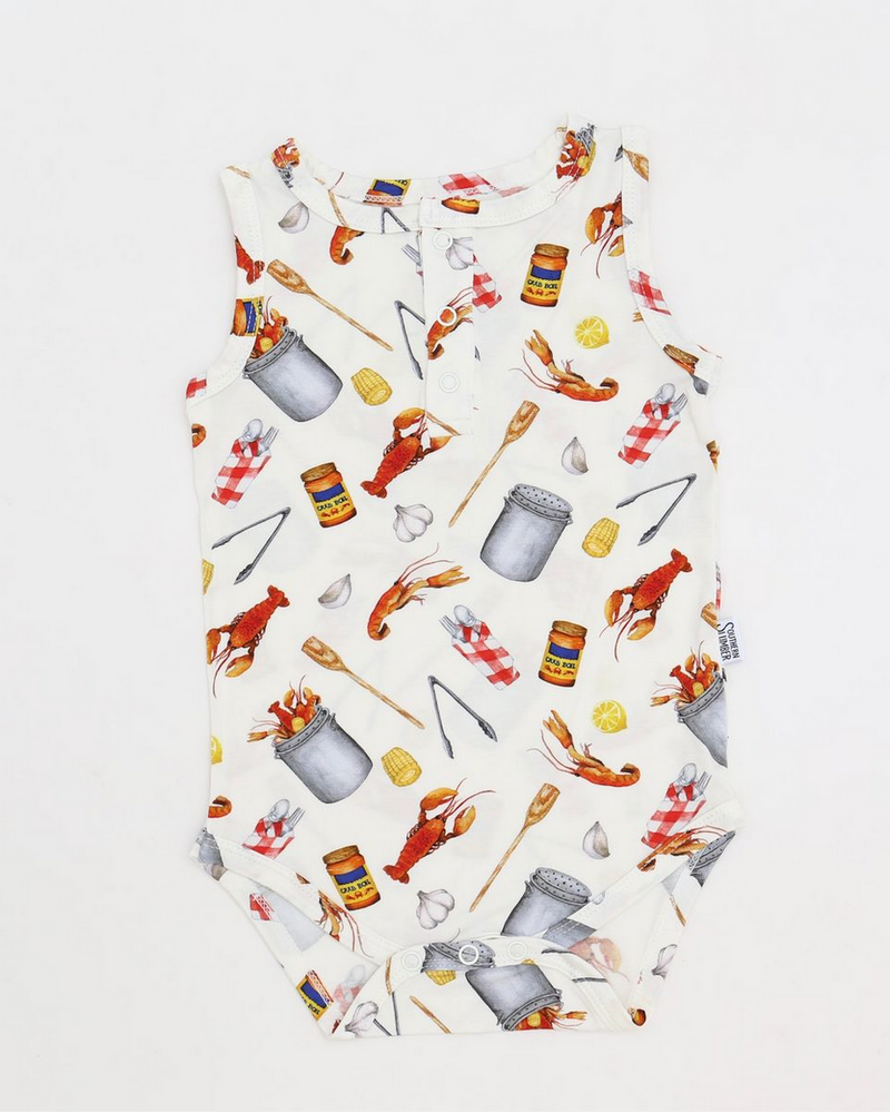 Southern Slumber Crawfish Boil Bamboo Henley Onesie w/ Snaps {Wht/Red/Ywl}