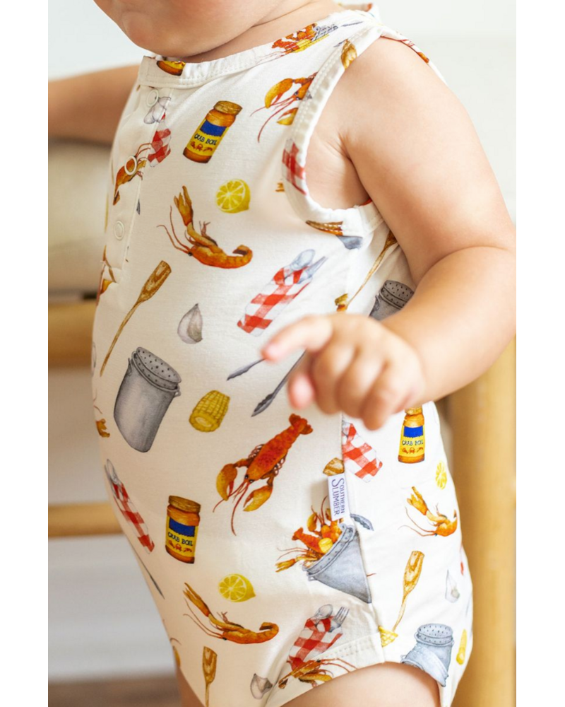 Southern Slumber Crawfish Boil Bamboo Henley Onesie w/ Snaps {Wht/Red/Ywl}