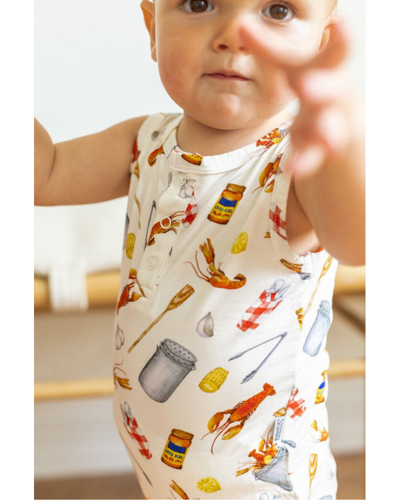 Southern Slumber Crawfish Boil Bamboo Henley Onesie w/ Snaps {Wht/Red/Ywl}
