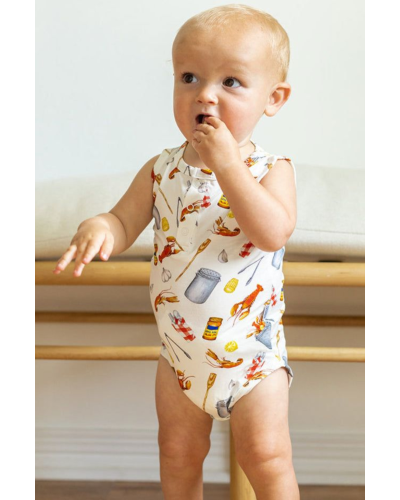 Southern Slumber Crawfish Boil Bamboo Henley Onesie w/ Snaps {Wht/Red/Ywl}
