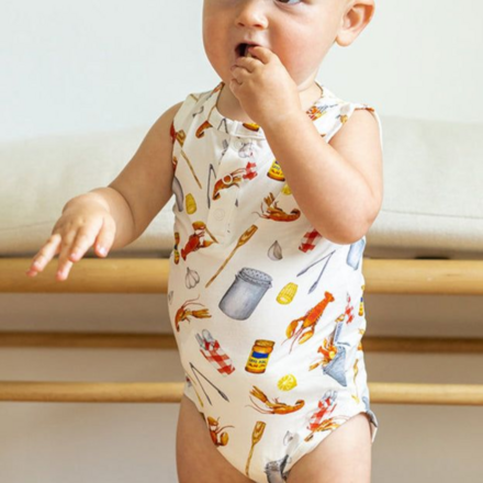 Southern Slumber Crawfish Boil Bamboo Henley Onesie w/ Snaps {Wht/Red/Ywl}