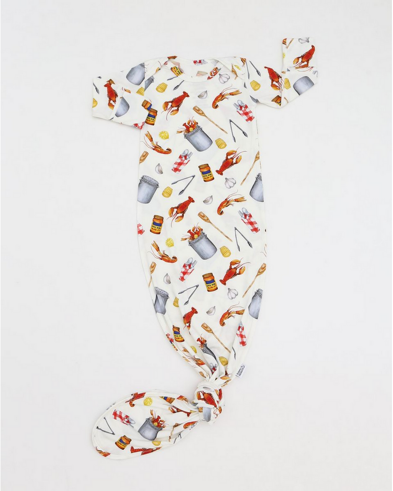 Southern Slumber Crawfish Boil Bamboo Knotted Gown {Wht/Red/Ywl} NewBorn
