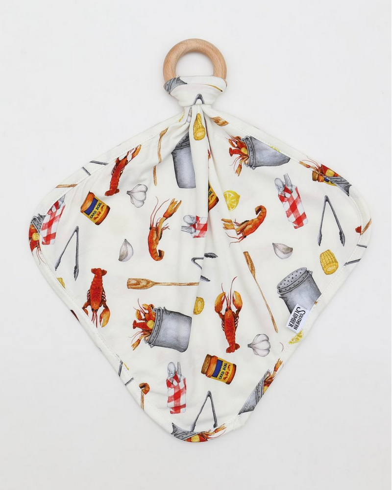 Southern Slumber Crawfish Boil Bamboo Lovie with Wooden Ring {Wht/Red/Ywl}