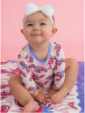 Ruffle Butts Lobster Lagoon LS One Piece Rash Guard Swimsuit w/ Rear Ruffles  {Pink/Blue} S26