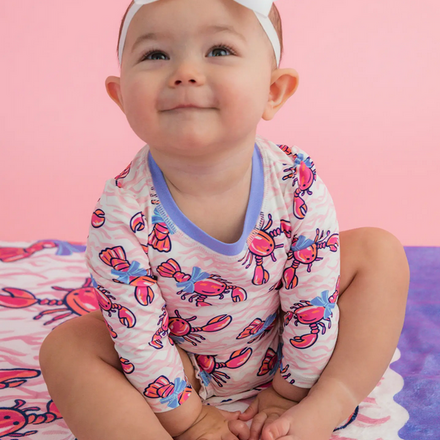 Ruffle Butts Lobster Lagoon LS One Piece Rash Guard Swimsuit w/ Rear Ruffles  {Pink/Blue} S26