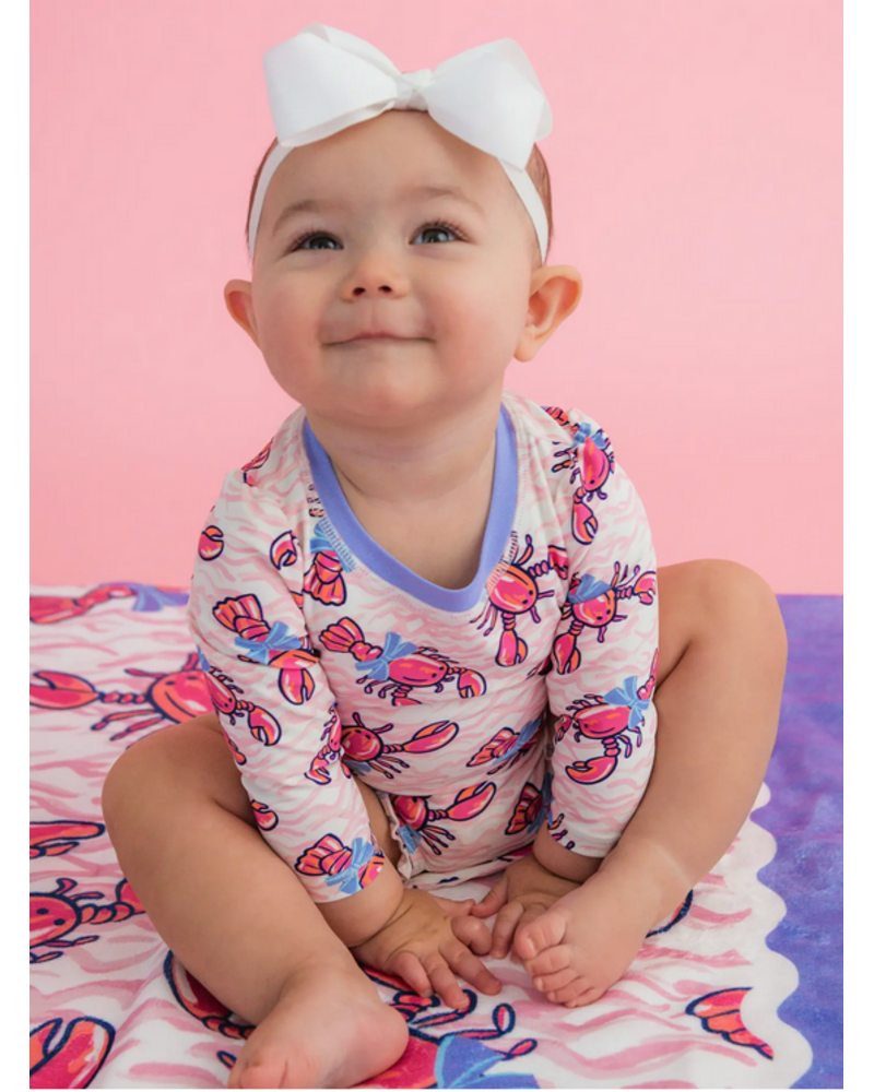 Ruffle Butts Lobster Lagoon LS One Piece Rash Guard Swimsuit w/ Rear Ruffles  {Pink/Blue} S26