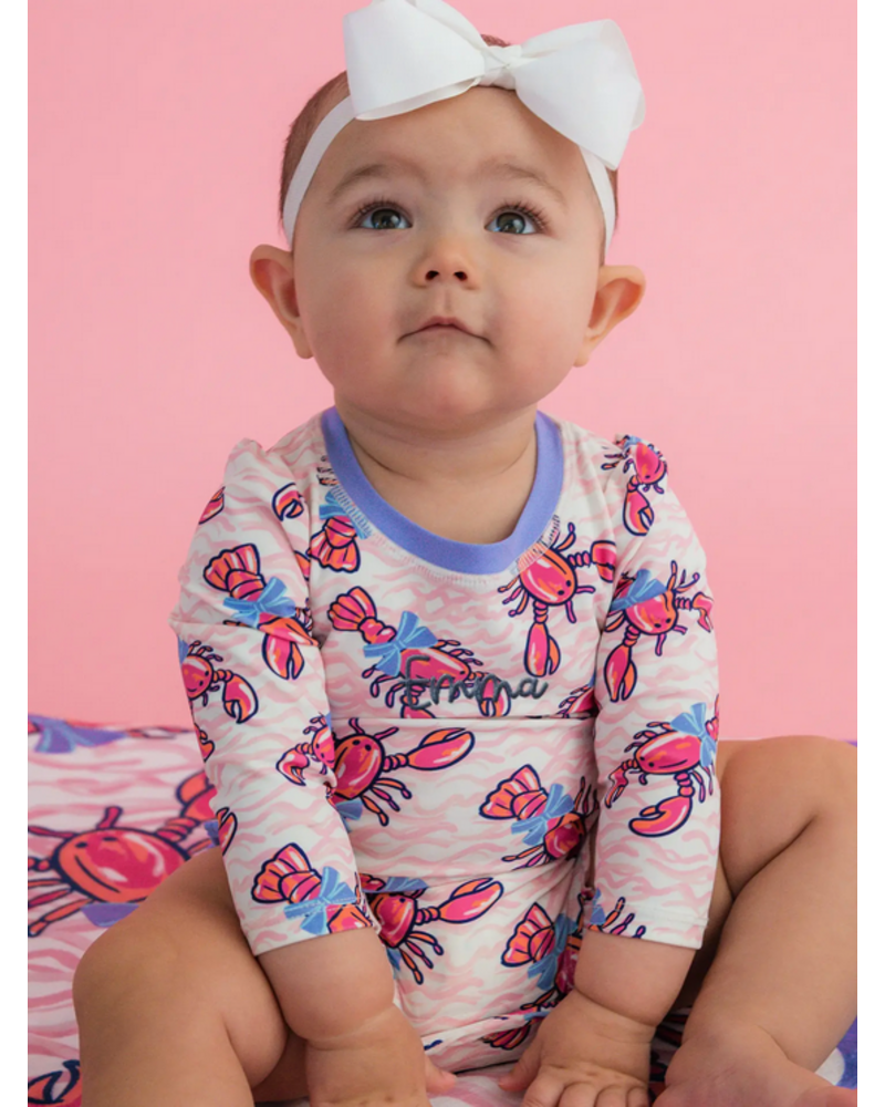 Ruffle Butts Lobster Lagoon LS One Piece Rash Guard Swimsuit w/ Rear Ruffles  {Pink/Blue} S26