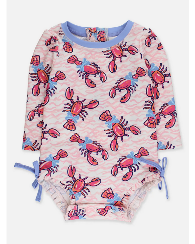 Ruffle Butts Lobster Lagoon LS One Piece Rash Guard Swimsuit w/ Rear Ruffles  {Pink/Blue} S26