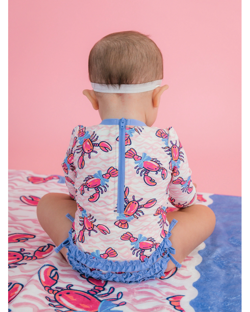 Ruffle Butts Lobster Lagoon LS One Piece Rash Guard Swimsuit w/ Rear Ruffles  {Pink/Blue} S26