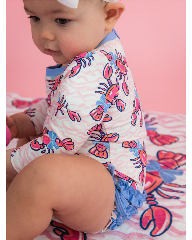 Ruffle Butts Lobster Lagoon LS One Piece Rash Guard Swimsuit w/ Rear Ruffles  {Pink/Blue} S26
