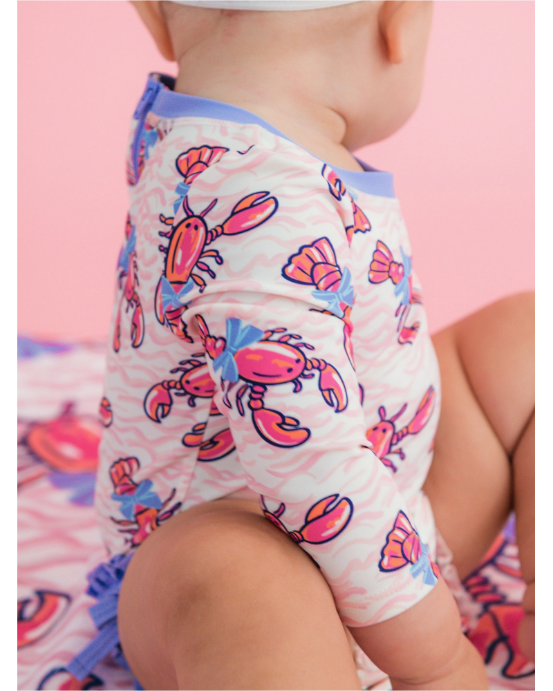Ruffle Butts Lobster Lagoon LS One Piece Rash Guard Swimsuit w/ Rear Ruffles  {Pink/Blue} S26