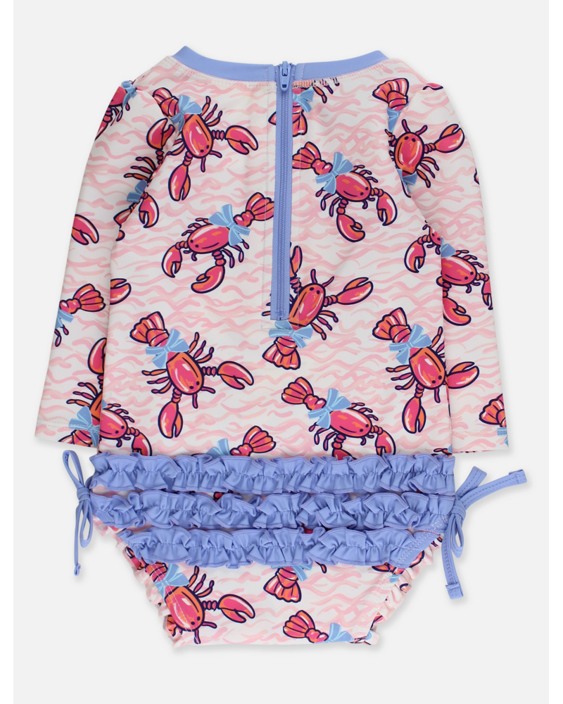 Ruffle Butts Lobster Lagoon LS One Piece Rash Guard Swimsuit w/ Rear Ruffles  {Pink/Blue} S26