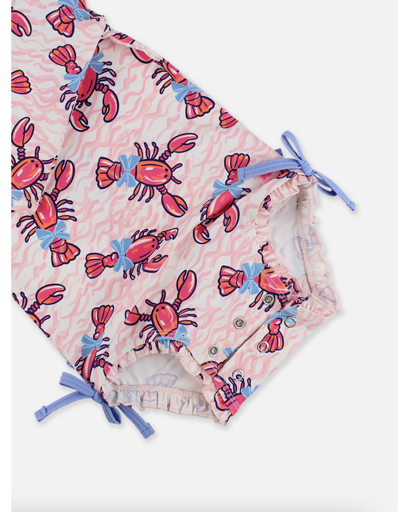 Ruffle Butts Lobster Lagoon LS One Piece Rash Guard Swimsuit w/ Rear Ruffles  {Pink/Blue} S26