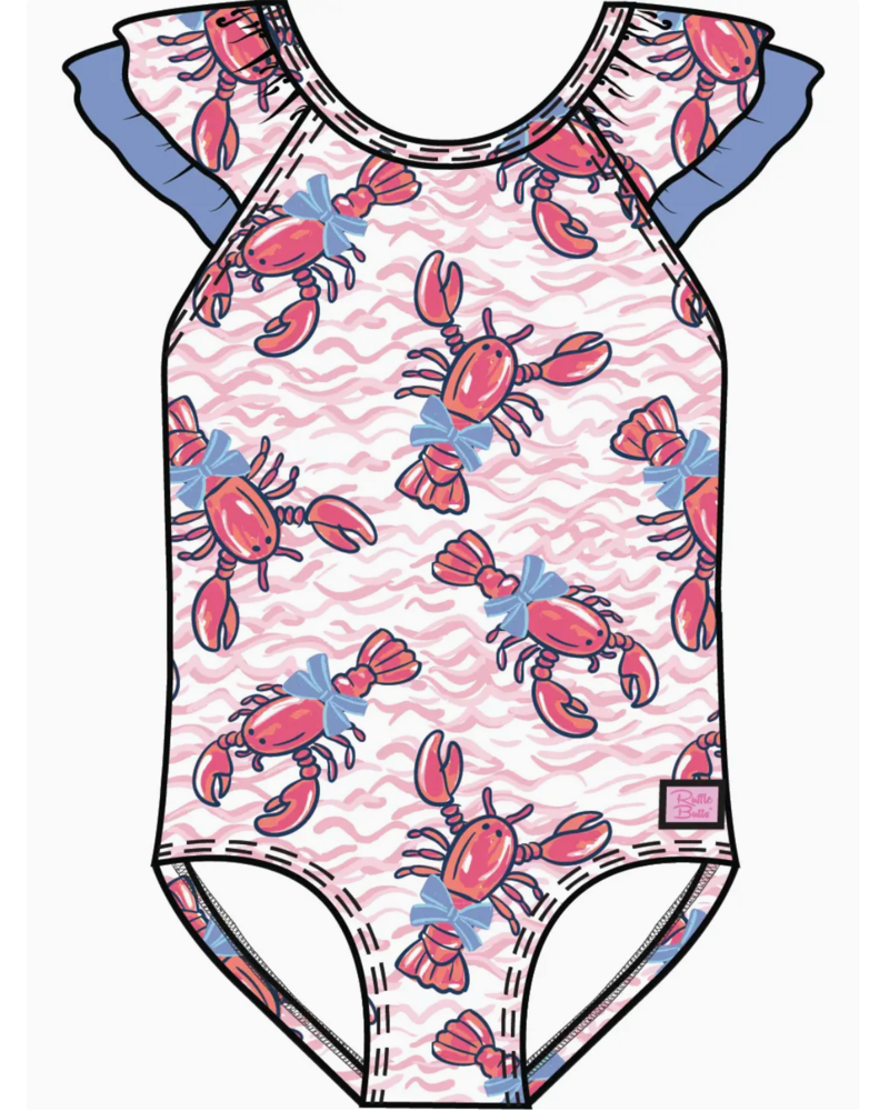 Ruffle Butts Lobster Lagoon Bow V-Back Swimsuit