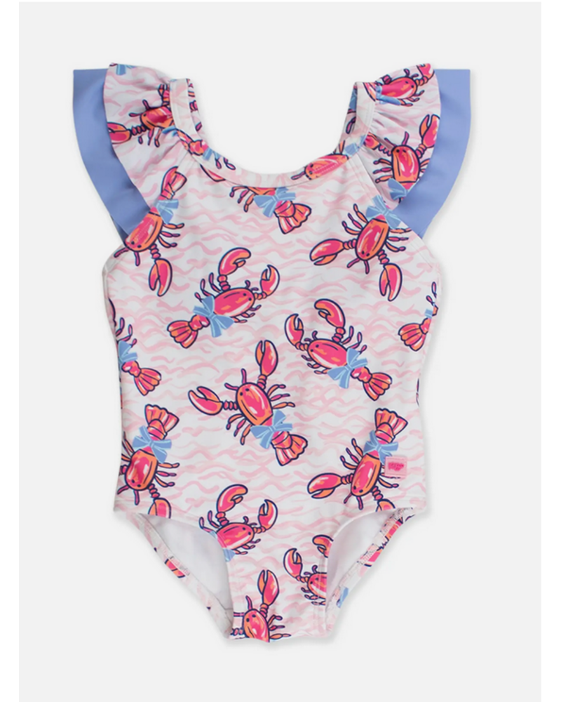Ruffle Butts Lobster Lagoon Bow V-Back Swimsuit