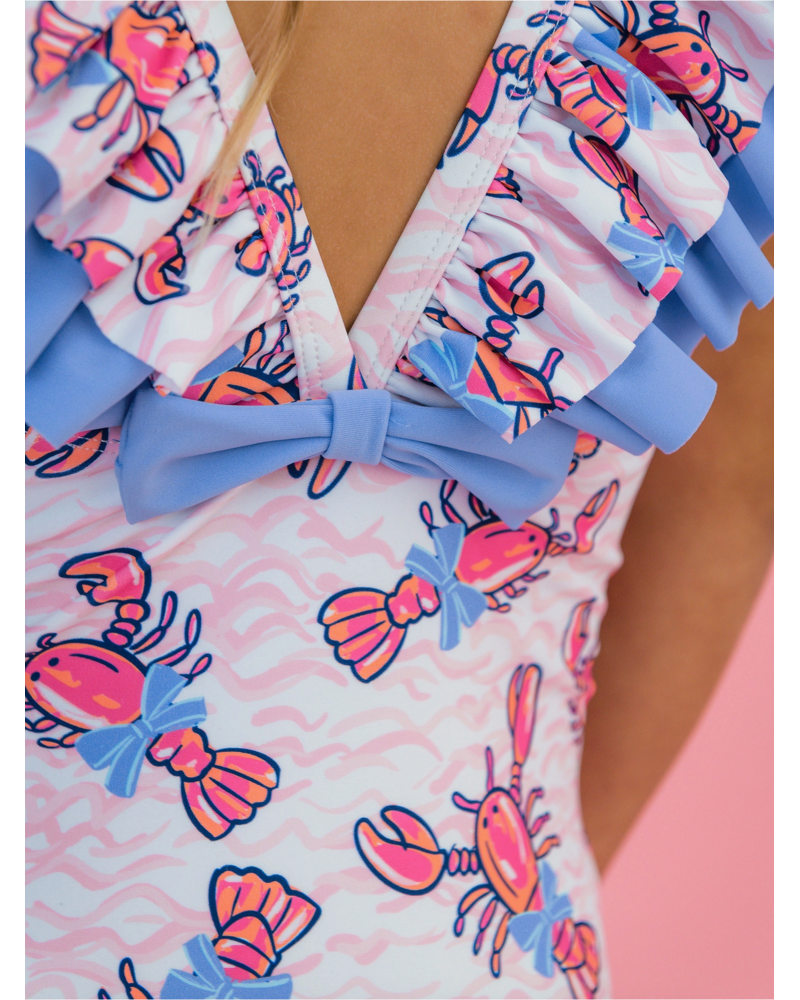 Ruffle Butts Lobster Lagoon Bow V-Back Swimsuit