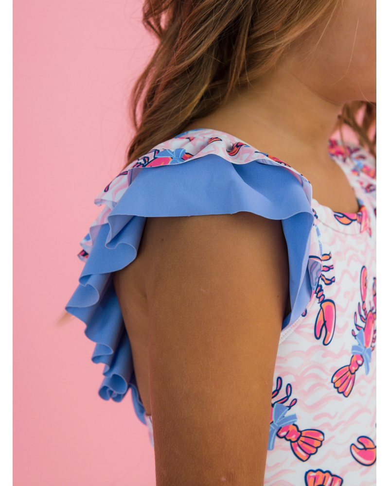 Ruffle Butts Lobster Lagoon Bow V-Back Swimsuit