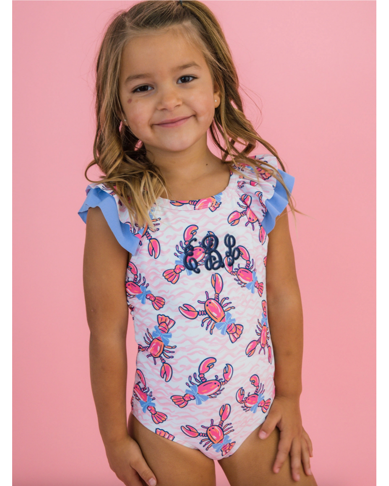 Ruffle Butts Lobster Lagoon Bow V-Back Swimsuit