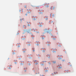 Ruffle Butts Girls Patriotic Gingham Pinafore Bow Dress
