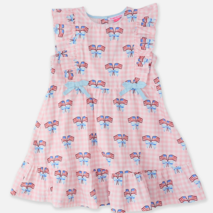 Ruffle Butts Girls Patriotic Gingham Pinafore Bow Dress