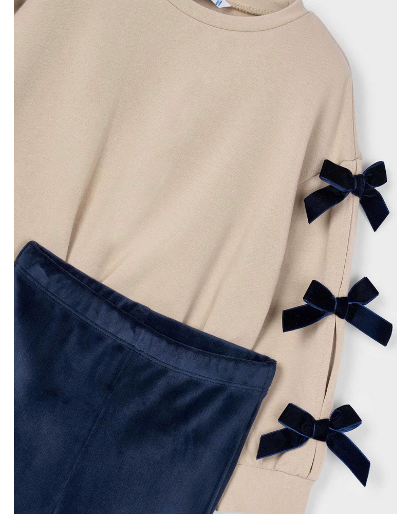 Mayoral Bow Shirt Jogging Set {Tan/Navy}