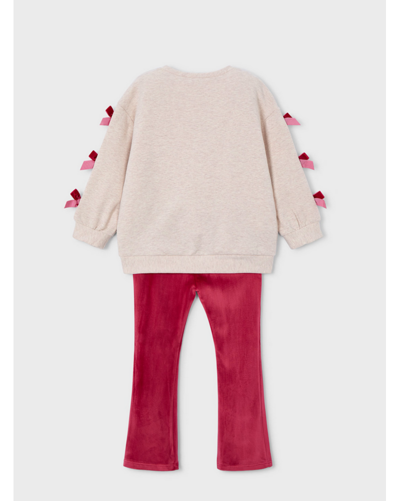 Mayoral Bow Shirt Jogging Set {Tan/Cherry}