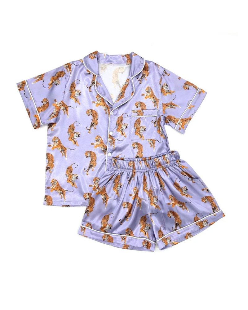 Blended Spirits Tiger Print Silky Pajamas Shorts Set {Lavendar}