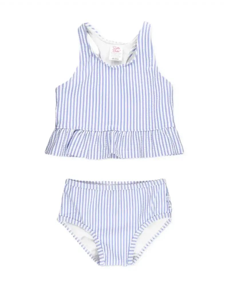 Ruffle Butts Seersucker Peplum Tankini 2 Piece Swimsuit w/ Ruffles {Periwinkle/Wht} S25