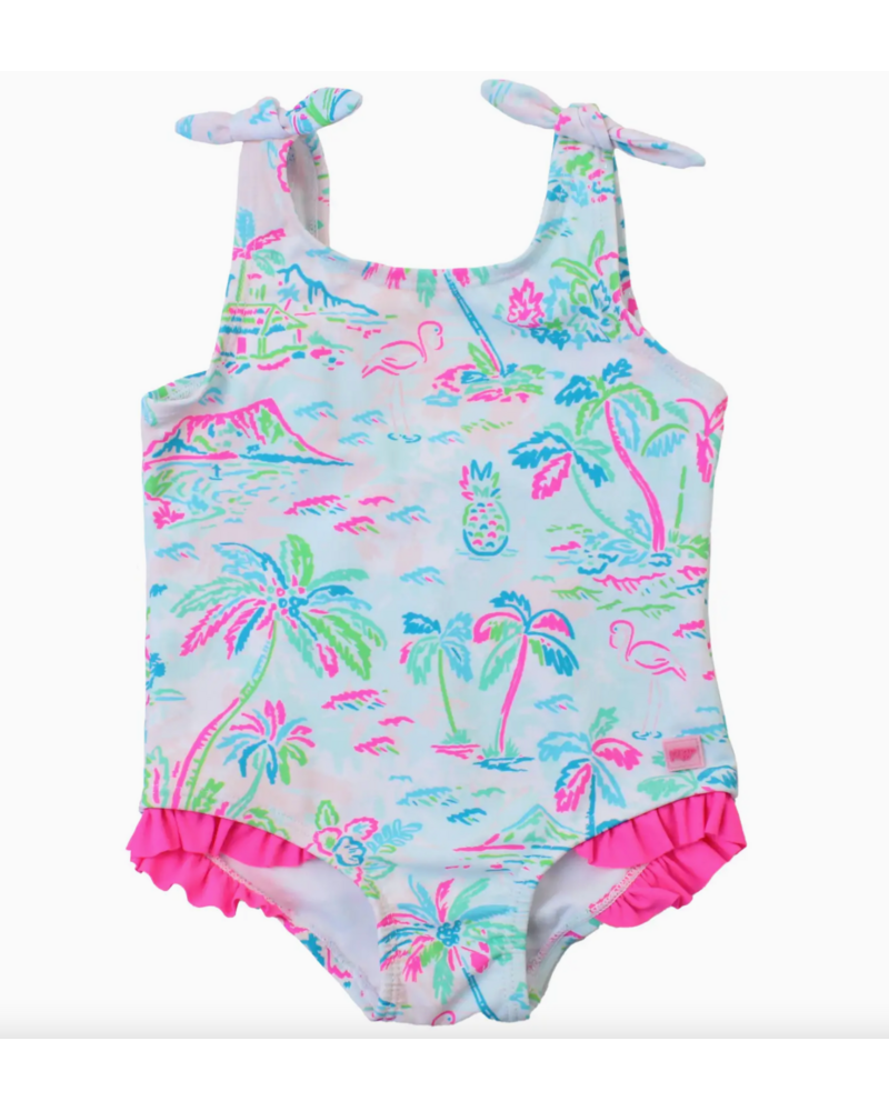 Ruffle Butts Tropical Resort Tie Shoulder Swimsuit {Wht/Tur/Pink}