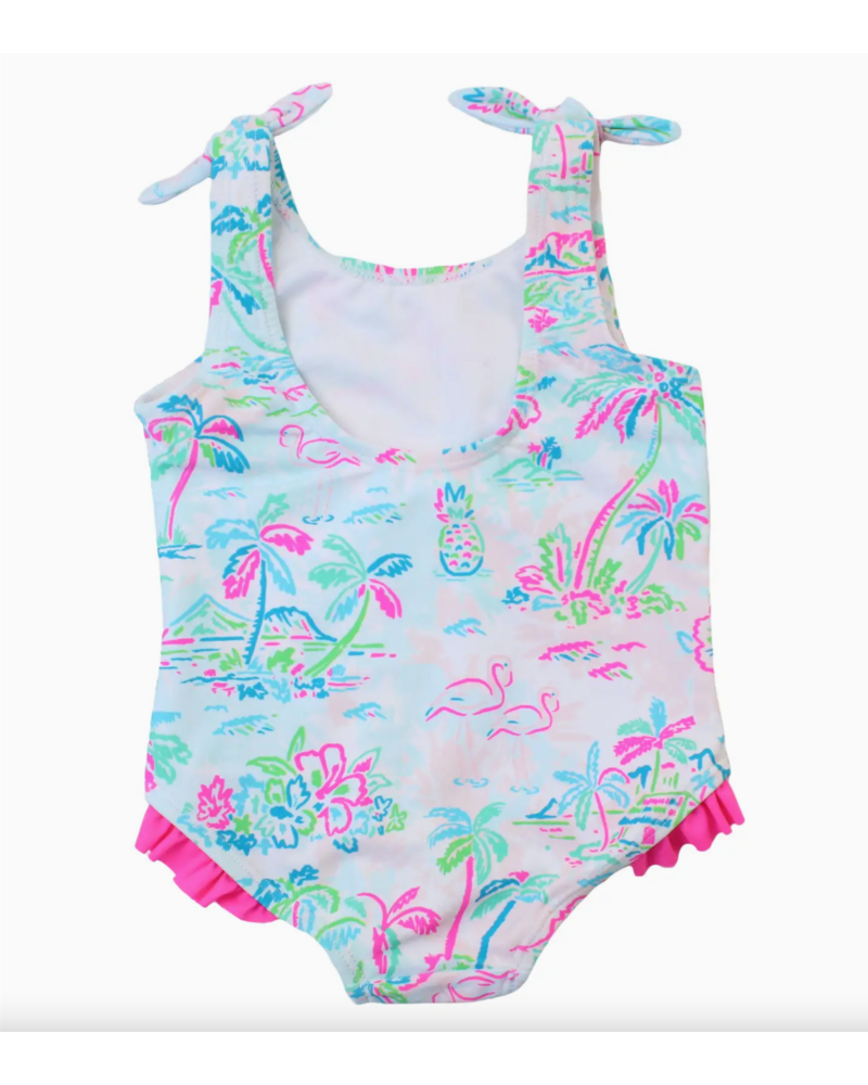 Ruffle Butts Tropical Resort Tie Shoulder Swimsuit {Wht/Tur/Pink}