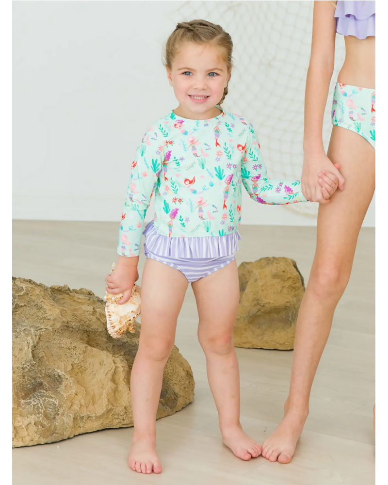 Ruffle Butts Mermaid Princess LS Rash Guard 2Pc Swimsuit w/ Ruffles {Lav/Mint}