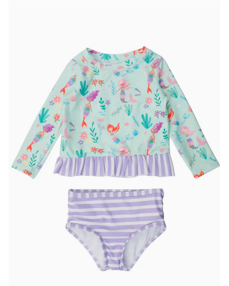 Ruffle Butts Mermaid Princess LS Rash Guard 2Pc Swimsuit w/ Ruffles {Lav/Mint}