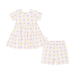 Ntrl CO. Put A Bow On It! Short Sleeve Twirl Dress w/Biker Shorts {Wht/Lav/Gld}