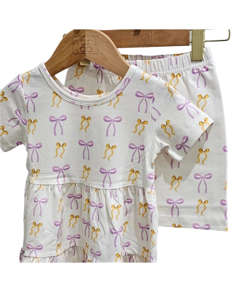 Ntrl CO. Put A Bow On It! Short Sleeve Twirl Dress w/Biker Shorts {Wht/Lav/Gld}