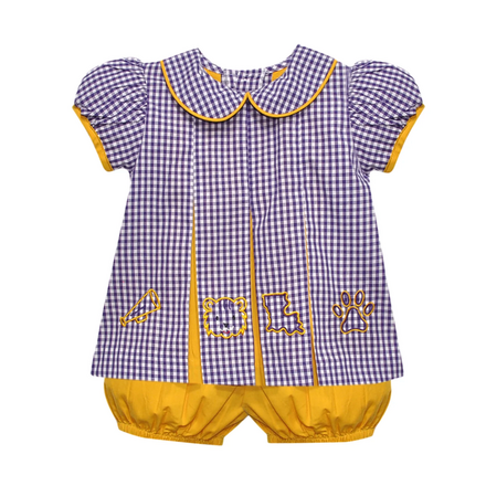 Remember Nguyen LSU Logos Gingham Bloomer Set {Purple/Gold} F26