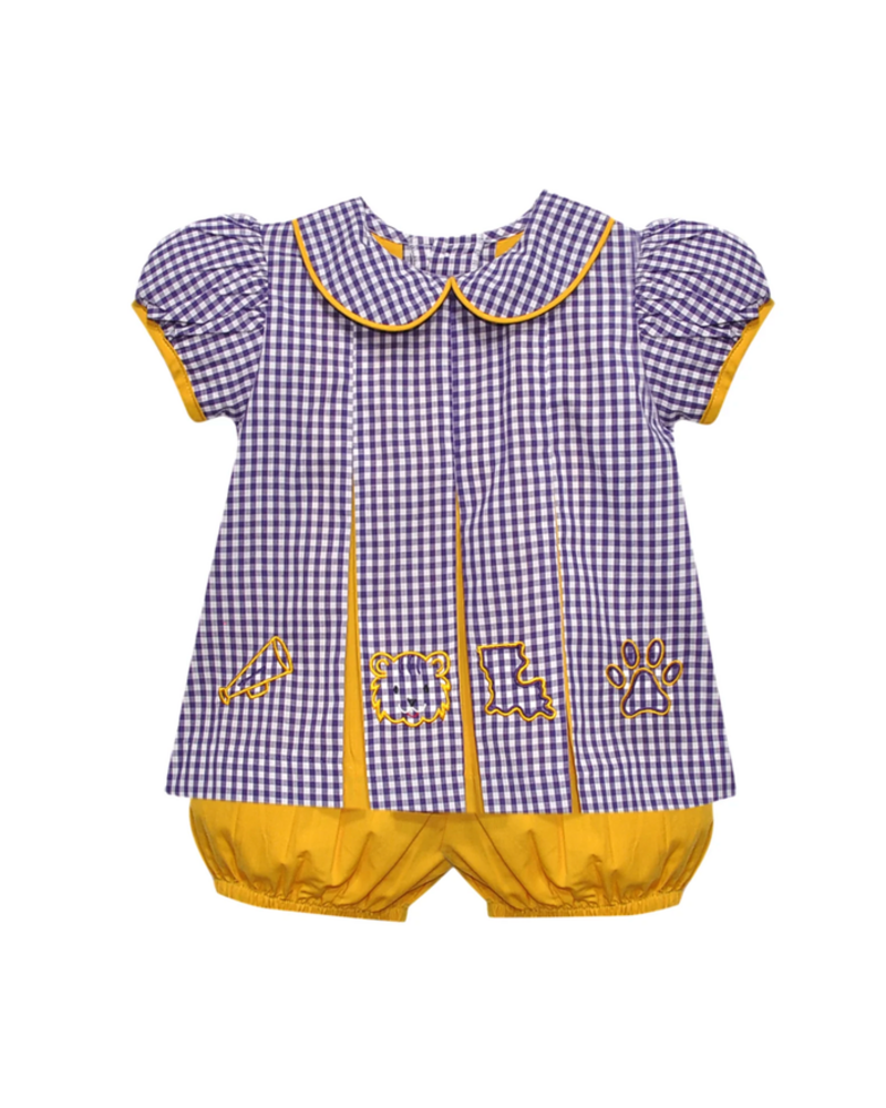 Southern Saturday LSU Logos Gingham Bloomer Set {Purple/Gold} F26