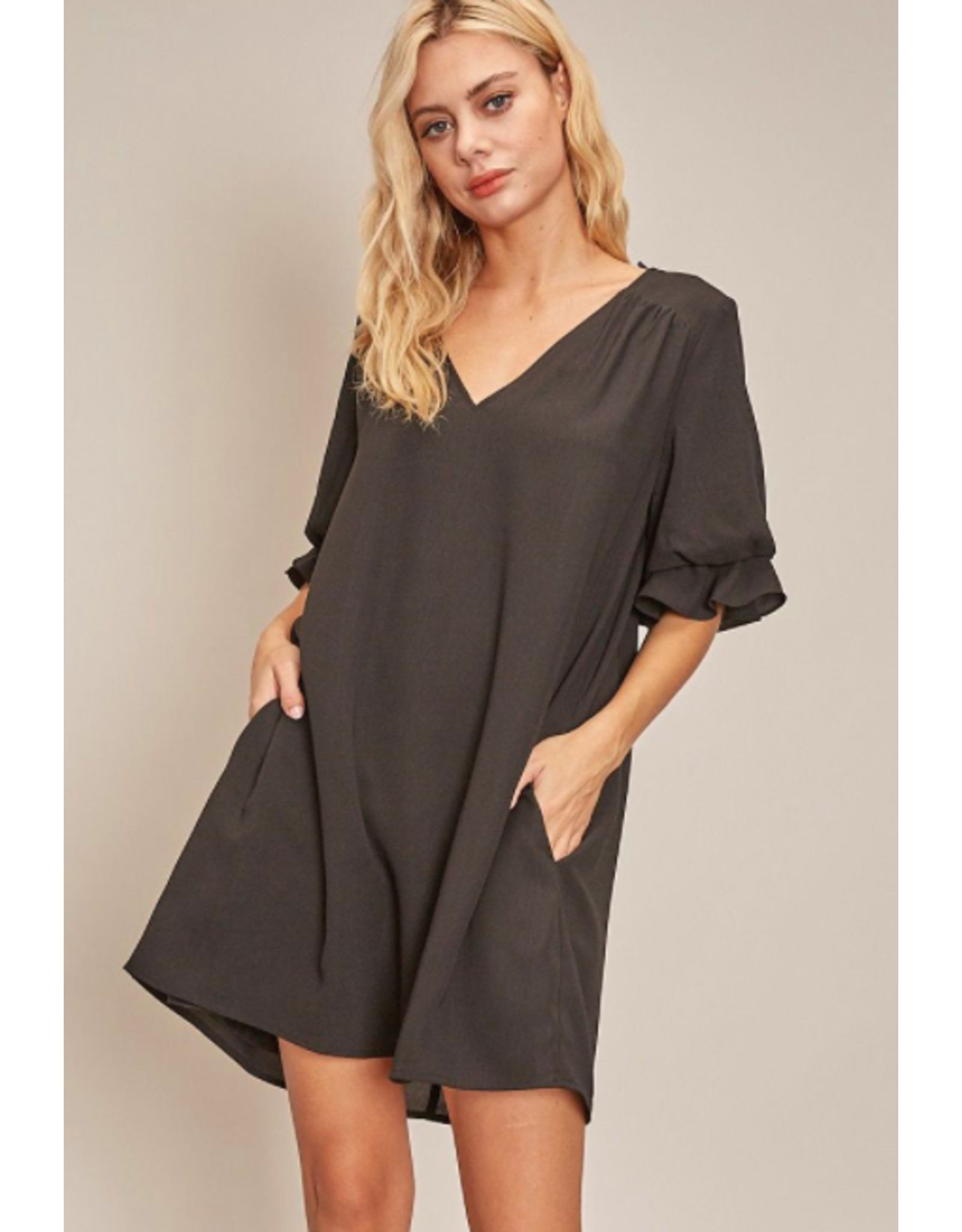 black v neck ruffle dress