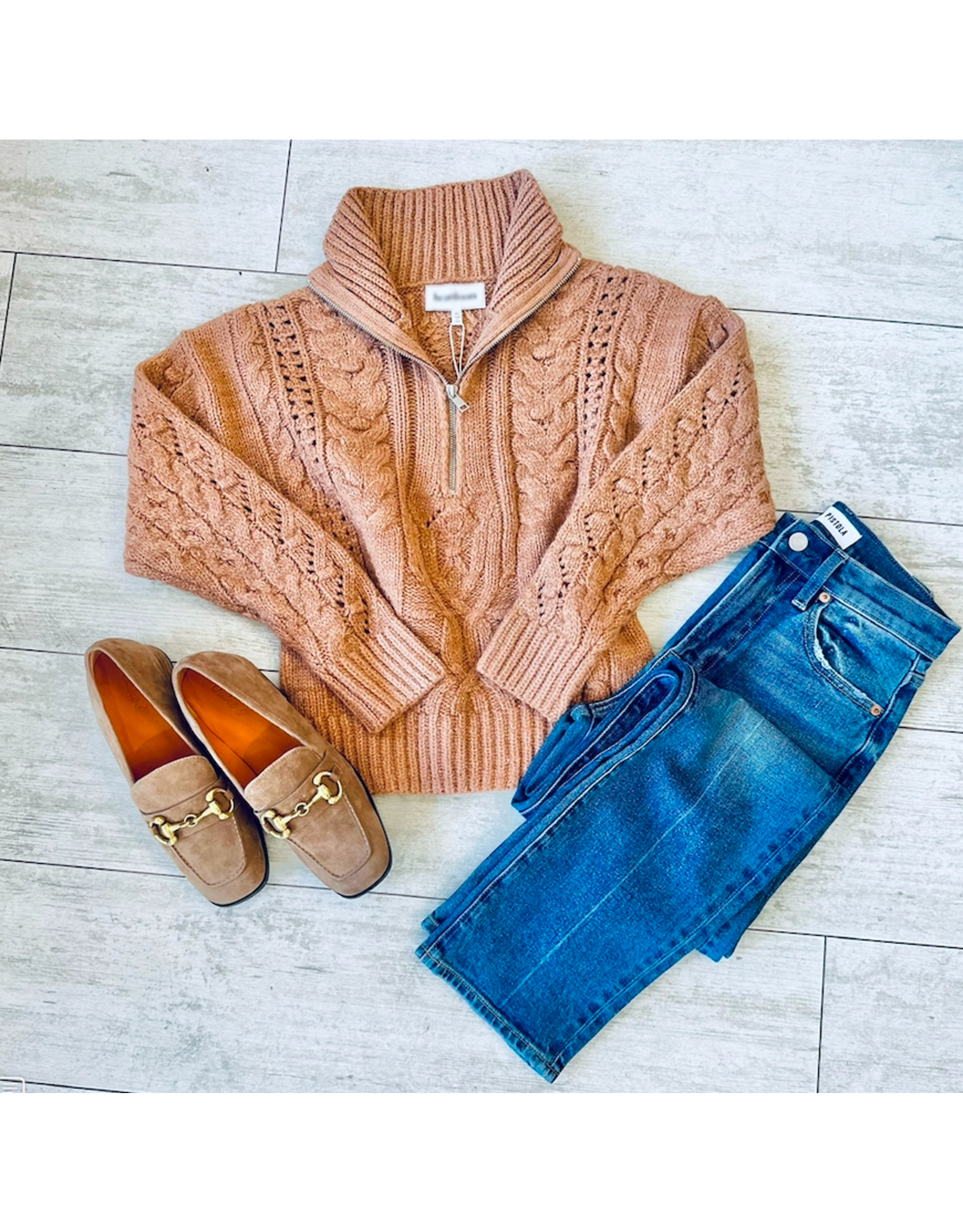 CABLE KNIT HALF ZIP ZOE SWEATER