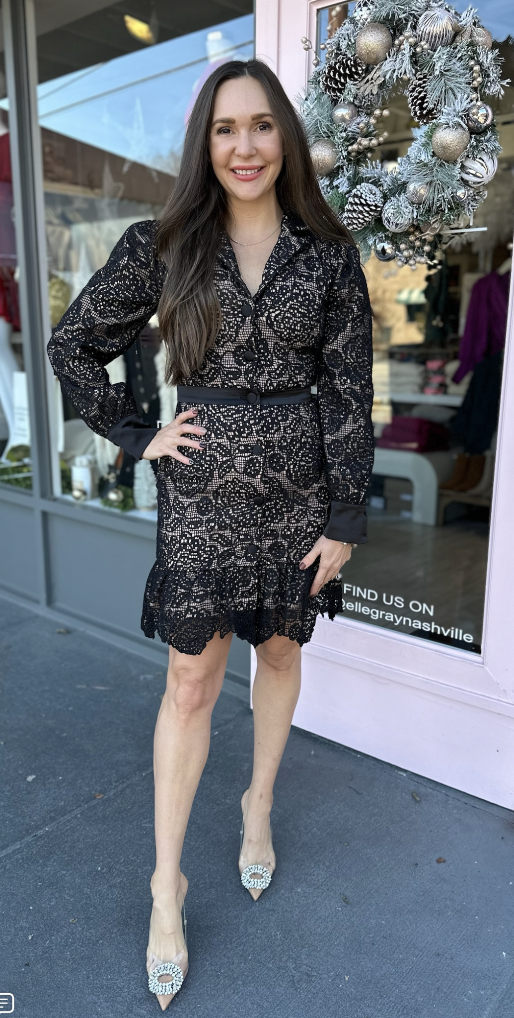 knee length dresses for ladies Black Lace Button Down Long Sleeve Mini Dress main image 0
