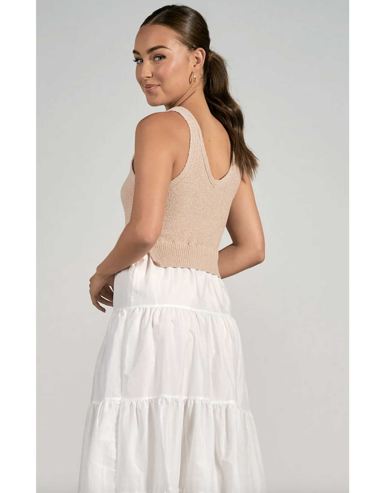 WHITE TIERED MIDI WITH TAUPE KNIT TOP