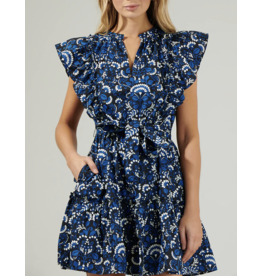 NAVY FLORAL RUFFLE MINI DRESS