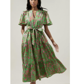 BILLOWY SLEEVE FLORAL TIERED MIDI DRESS