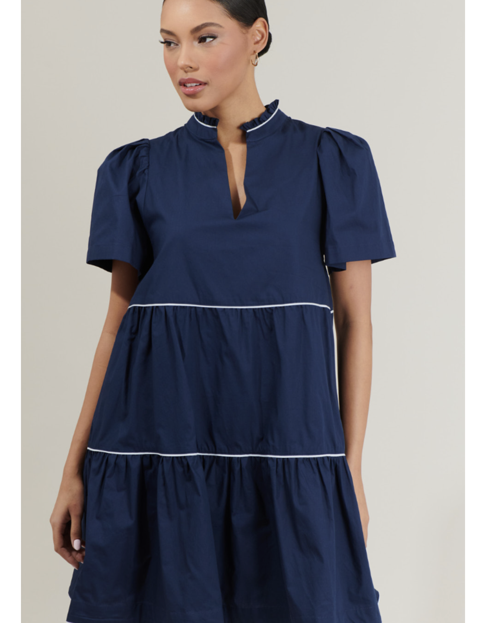 NAVY WITH WHITE PIPING SHIFT MINI DRESS