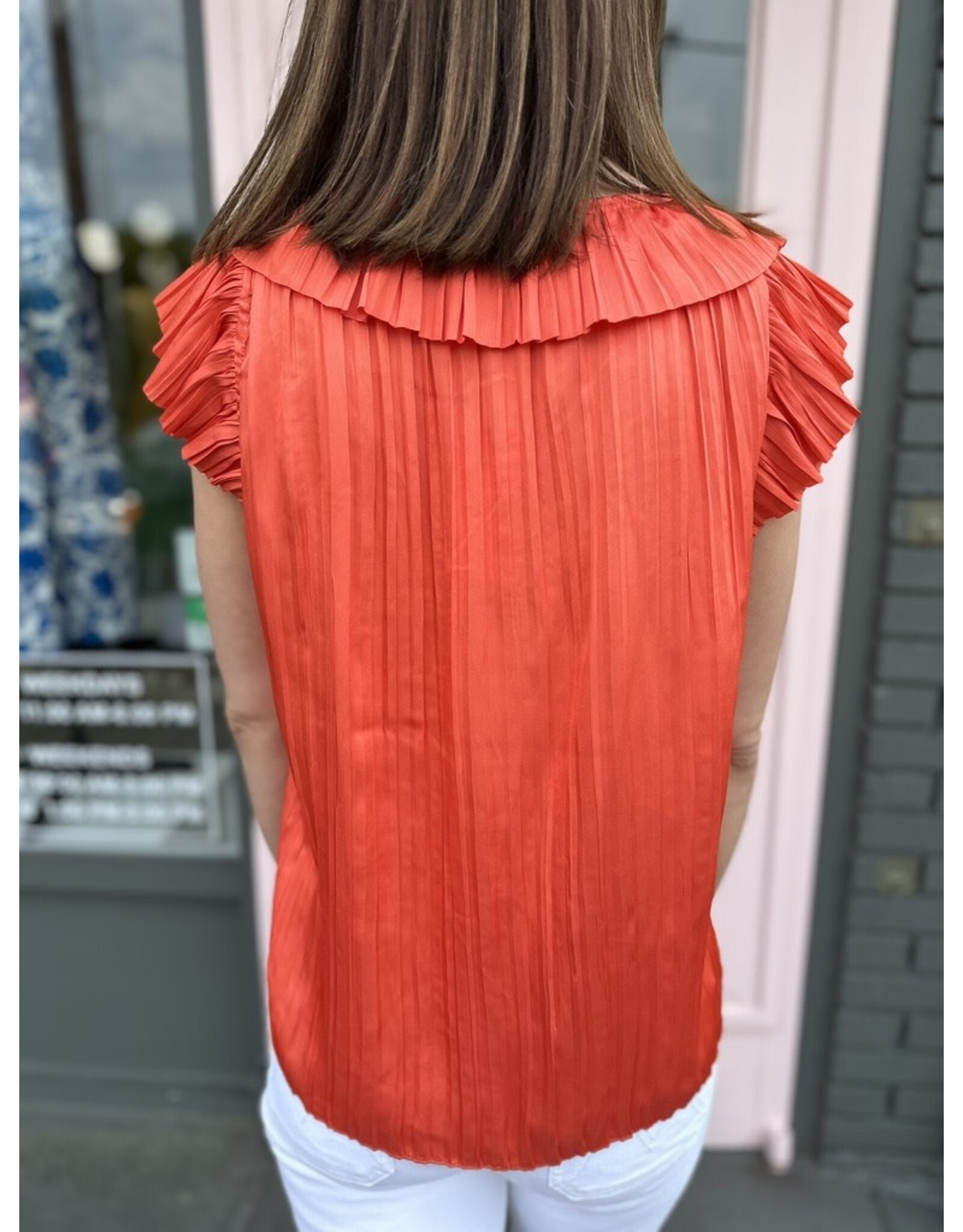 PLEATED TRIM SSLV BUTTON FRONT PLEATED BLOUSE